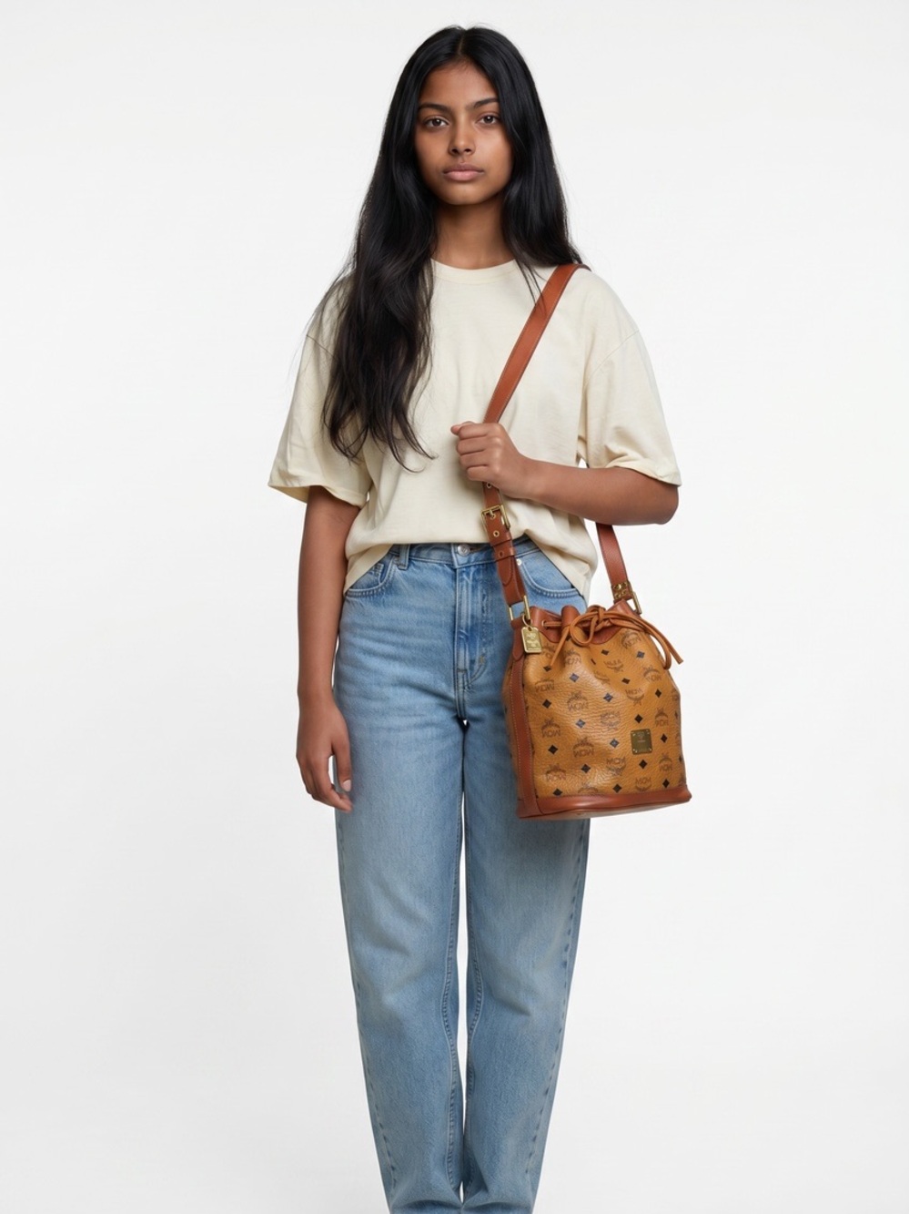 Vintage MCM Visetos Drawstring Bucket Bag Cognac Leather Crossbody Shoulder Bag
